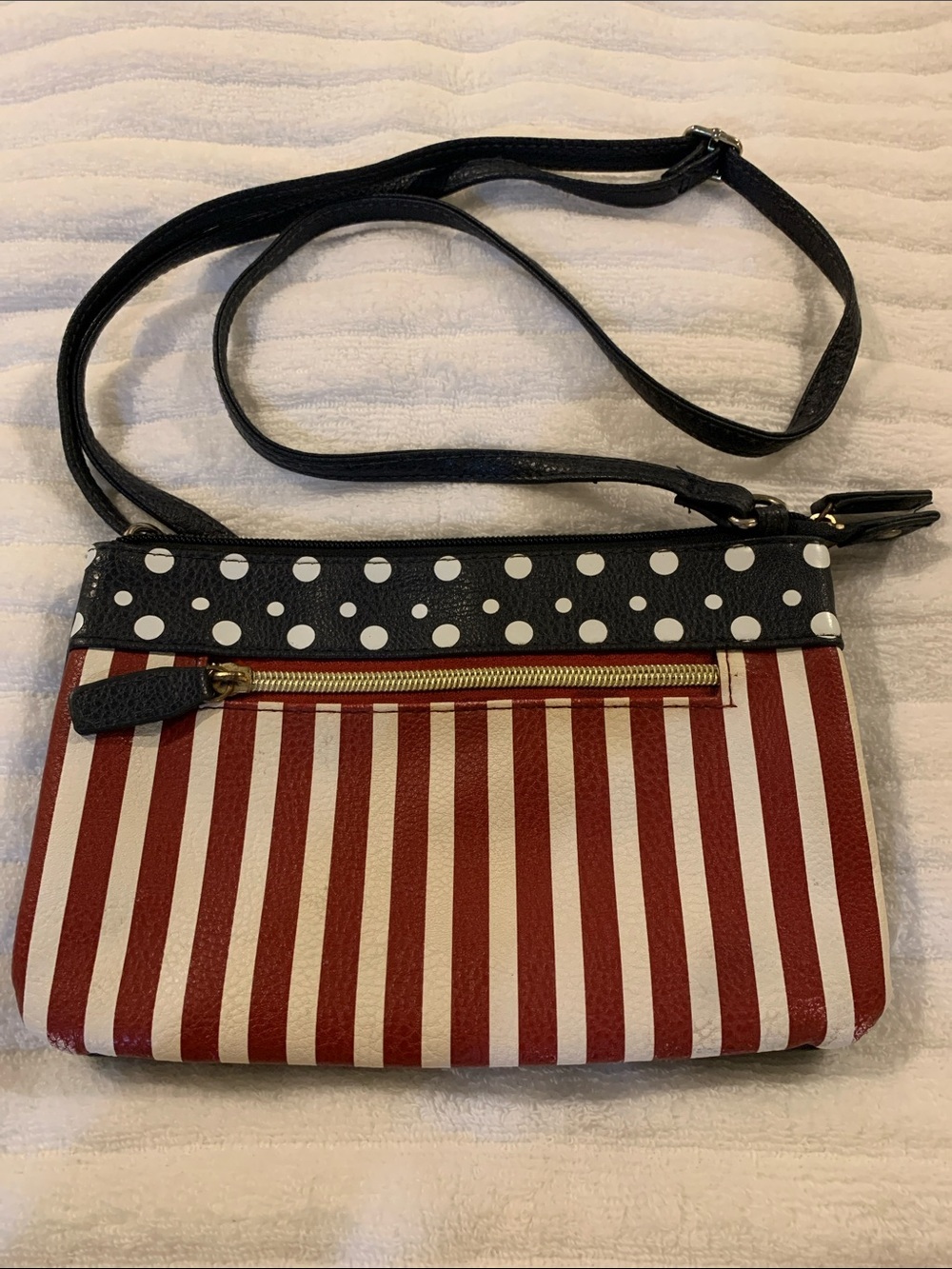 Striped Red & White Crossbody with Blue Polka Dot Trim​